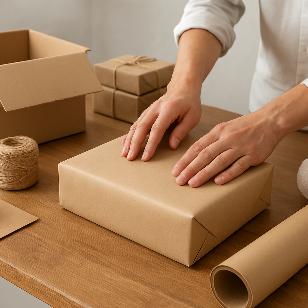 Hands packing a parcel in kraft paper