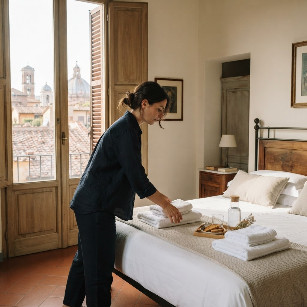 Advena property management team member preparing a Rome apartment for guests