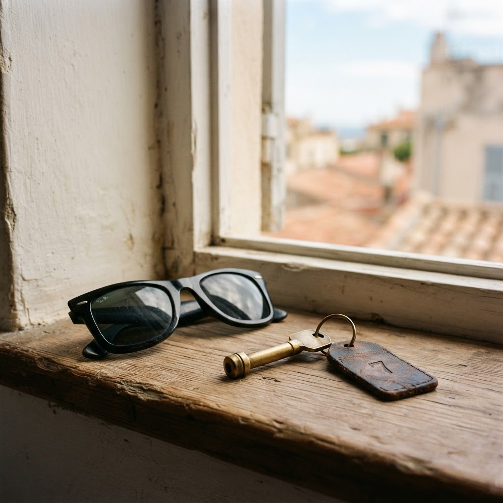 Sunglasses and an apartment key left on a windowsill in Rome