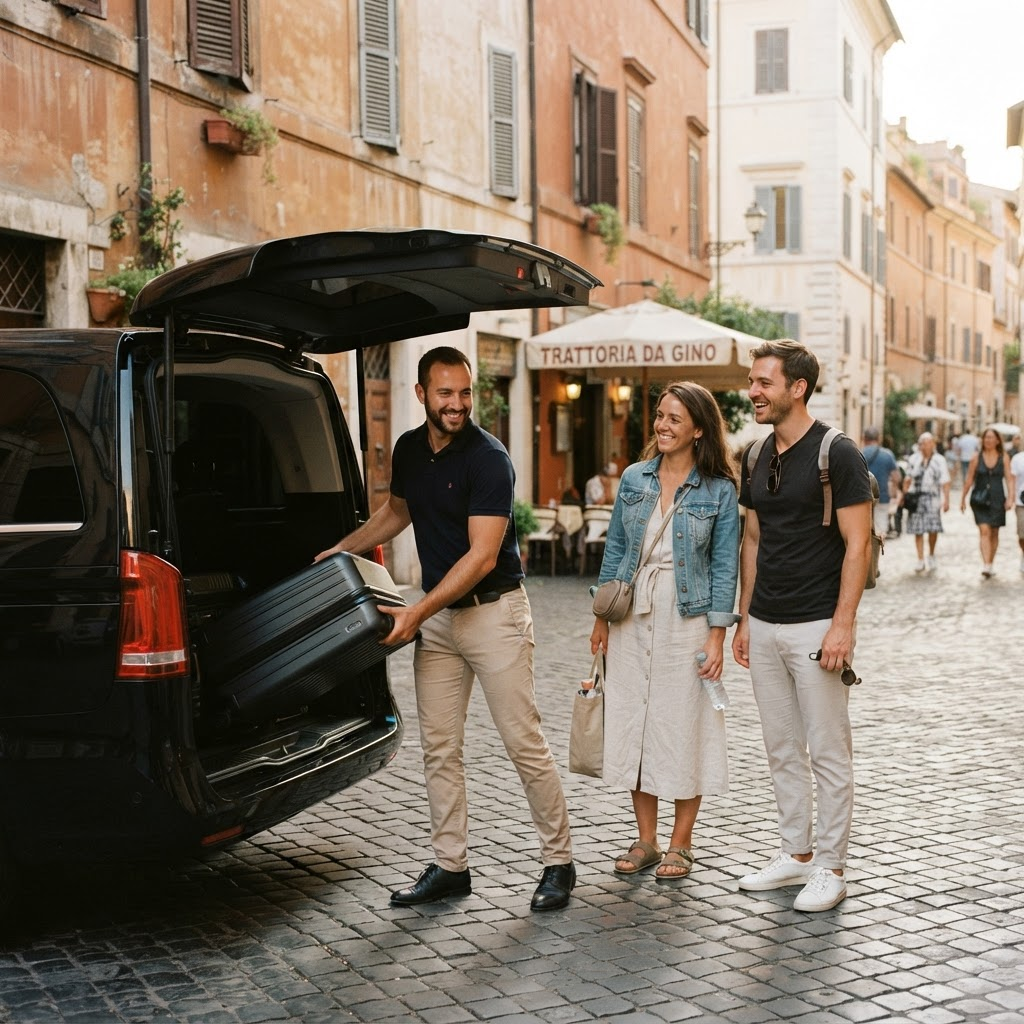 Private driver welcoming two travelers and loading their luggage into a black van on a cobblestone street in Rome